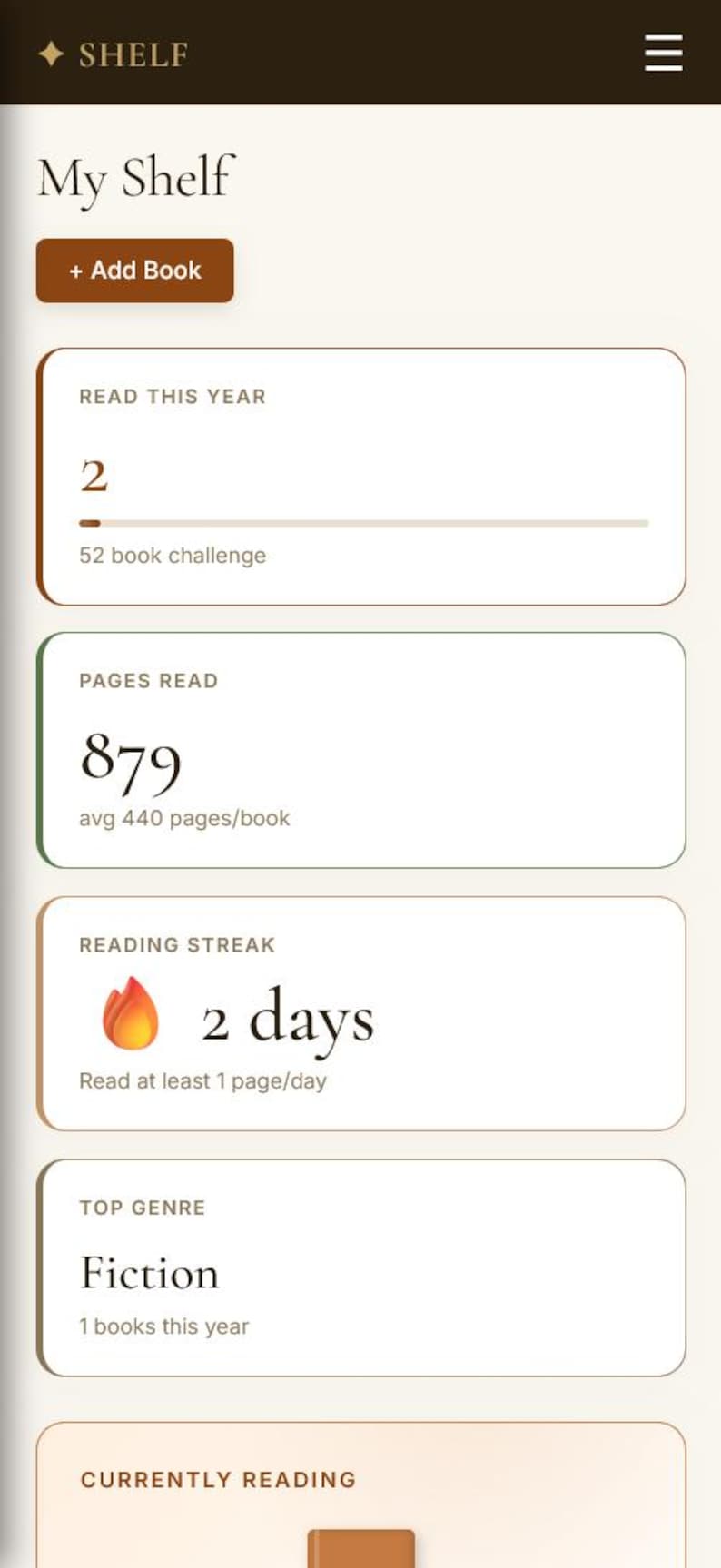 May include: A mobile app interface displaying reading statistics. The screen shows the user's reading progress, including the number of books read, pages read, reading streak, and top genre, with a button to add a book.