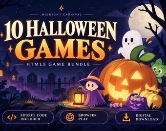 May include: A digital graphic for a Midnight Carnival 10 Halloween Games HTML5 game bundle. The illustration features a ghost, a jack-o'-lantern, and a character in a purple witch hat holding a lantern in a graveyard. Text includes Source Code Included, Browser Play, and Digital Download.