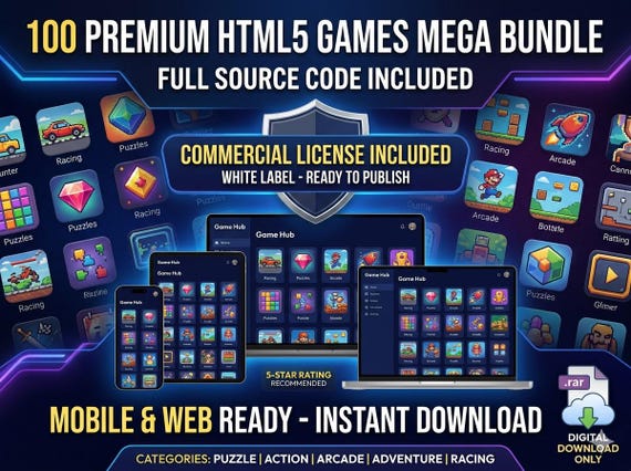 100 HTML5 Games Bundle - Full Source Code - Mobile Friendly Mini Games for Website