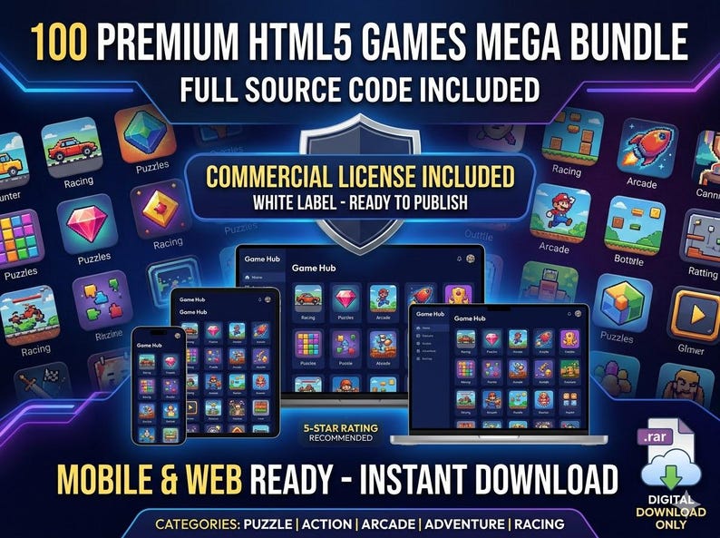 Puede incluir: Gr&aacute;fico digital que promociona un paquete de 100 juegos HTML5 Premium. La imagen muestra iconos de juegos, dispositivos y texto que incluye "Commercial License Included" y "Mobile & Web Ready - Instant Download."
