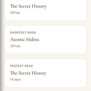 May include: A mobile app interface displaying reading statistics. The screen shows data for 2026, including the longest book, "The Secret History" (559 pp), and the shortest book, "Atomic Habits" (320 pp). It also shows the fastest read and top author.