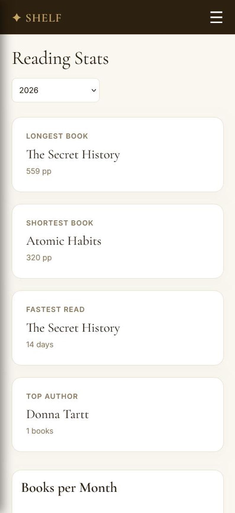 May include: A mobile app interface displaying reading statistics. The screen shows data for 2026, including the longest book, "The Secret History" (559 pp), and the shortest book, "Atomic Habits" (320 pp). It also shows the fastest read and top author.
