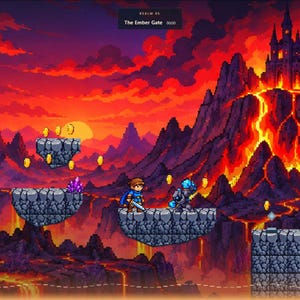 May include: A pixel art video game scene titled The Ember Gate featuring a character in blue armor standing on a stone platform. The background shows a dark castle on a volcanic mountain with flowing lava, a red sky, and floating gold coins.