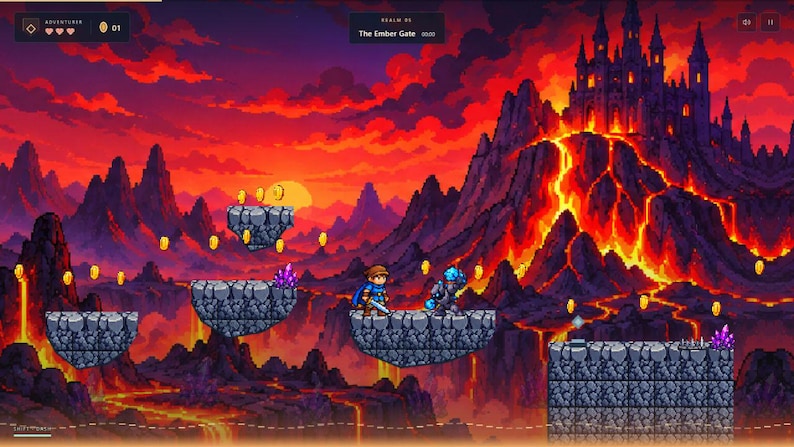 May include: A pixel art video game scene titled The Ember Gate featuring a character in blue armor standing on a stone platform. The background shows a dark castle on a volcanic mountain with flowing lava, a red sky, and floating gold coins.