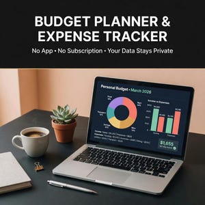 May include: A laptop displaying a budget planner with charts and graphs. The screen shows a pie chart and bar graphs with financial data. The text "BUDGET PLANNER & EXPENSE TRACKER" is at the top. A cup of coffee, a succulent, and a notebook are also on the desk.
