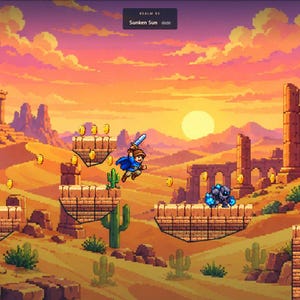 May include: A pixel art video game scene featuring a character with a blue cape and sword jumping over a desert landscape. The background shows ancient stone ruins, cacti, and a sunset. Floating platforms hold gold coins, and a blue creature stands on a ledge. The interface displays 'ADVENTURER', '01', and 'Sunken Sun'.