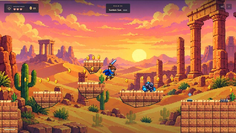 May include: A pixel art video game scene featuring a character with a blue cape and sword jumping over a desert landscape. The background shows ancient stone ruins, cacti, and a sunset. Floating platforms hold gold coins, and a blue creature stands on a ledge. The interface displays 'ADVENTURER', '01', and 'Sunken Sun'.