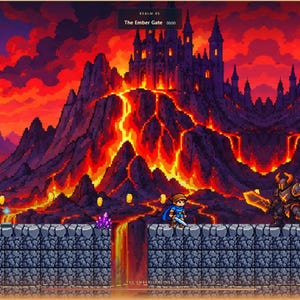 May include: A pixel art video game scene featuring a character in a blue cape standing on a stone platform before a dark armored knight with a glowing orange sword. In the background, a large castle sits atop mountains with flowing lava.