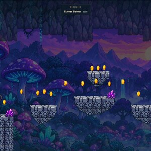 May include: A pixel art video game scene featuring a character with a blue cape and sword standing on a stone platform. The background displays giant purple mushrooms, mountains, and a sunset. Floating gold coins, stone ledges, and a dark creature are visible, with the text Realm 01 Echoes Below at the top.