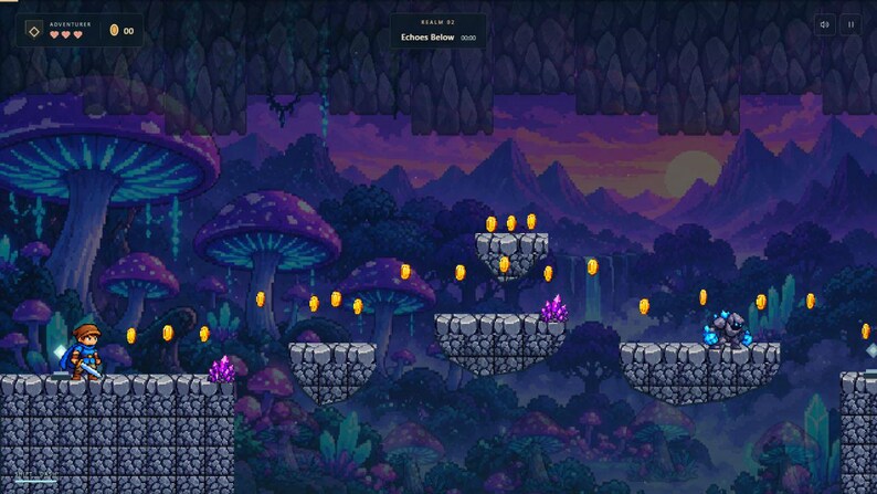 May include: A pixel art video game scene featuring a character with a blue cape and sword standing on a stone platform. The background displays giant purple mushrooms, mountains, and a sunset. Floating gold coins, stone ledges, and a dark creature are visible, with the text Realm 01 Echoes Below at the top.