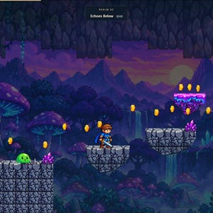 May include: A 2D pixel art video game scene featuring a character with a blue cape and sword standing on stone platforms. The environment includes giant purple mushrooms, floating gold coins, a green slime enemy, and a rocky mountain backdrop.