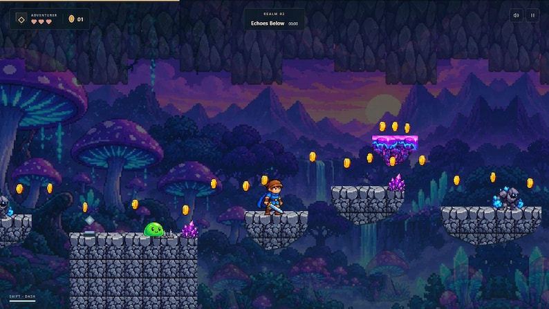 May include: A 2D pixel art video game scene featuring a character with a blue cape and sword standing on stone platforms. The environment includes giant purple mushrooms, floating gold coins, a green slime enemy, and a rocky mountain backdrop.