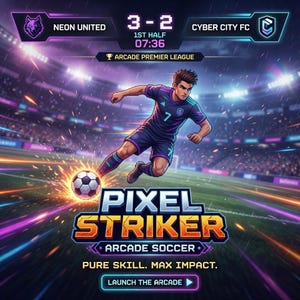 Peut inclure: Une interface de jeu numérique pour Pixel Striker Arcade Soccer montrant un joueur en uniforme bleu foncé avec le numéro 7, un ballon de football lumineux et un tableau de score affichant Neon United 3-2 Cyber City FC à 07:36 en 1ère mi-temps.