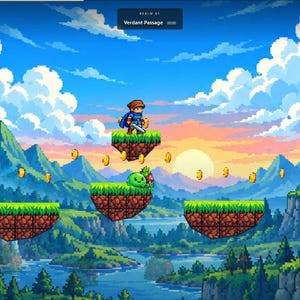 May include: A pixel art video game scene featuring a character standing on a floating grassy platform. The background displays mountains, a river, and a sunset sky. Floating gold coins are scattered throughout the level, and a green creature sits on a lower platform. The interface shows text reading Realm 01 Verdant Passage.