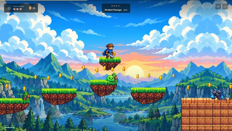 May include: A pixel art video game scene featuring a character standing on a floating grassy platform. The background displays mountains, a river, and a sunset sky. Floating gold coins are scattered throughout the level, and a green creature sits on a lower platform. The interface shows text reading Realm 01 Verdant Passage.