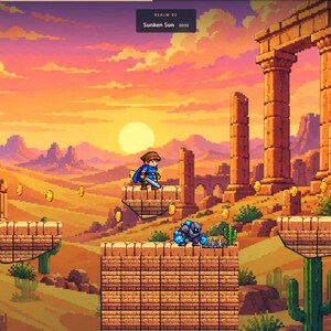 May include: A pixel art video game scene featuring a character in a blue cape standing on a stone platform in a desert landscape. The background shows ancient ruins, cacti, floating gold coins, and a sunset. Text reads ADVENTURER, 02, and Sunken Sun.