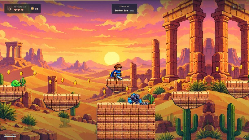 May include: A pixel art video game scene featuring a character in a blue cape standing on a stone platform in a desert landscape. The background shows ancient ruins, cacti, floating gold coins, and a sunset. Text reads ADVENTURER, 02, and Sunken Sun.