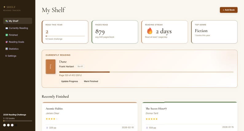 May include: A digital interface displaying a "My Shelf" dashboard. The interface shows reading statistics, including books read, pages read, reading streak, and top genre. The current book being read is "Dune" by Frank Herbert.