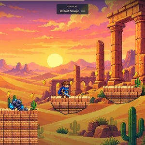 May include: A pixel art video game scene featuring a character in a blue tunic standing on a stone platform in a desert landscape with ancient ruins, cacti, floating gold coins, a dark stone creature, and a green slime under a sunset sky.