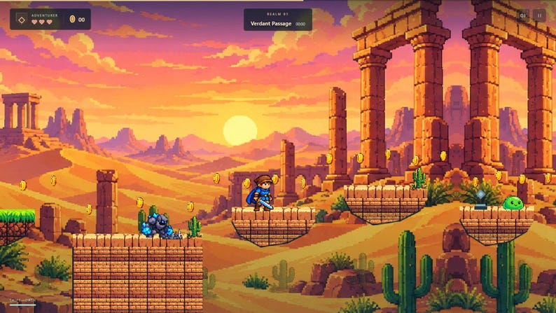 May include: A pixel art video game scene featuring a character in a blue tunic standing on a stone platform in a desert landscape with ancient ruins, cacti, floating gold coins, a dark stone creature, and a green slime under a sunset sky.