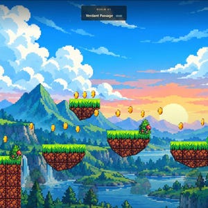 May include: A pixel art video game scene featuring a character in blue armor standing on a brown dirt platform with green grass. Floating platforms, gold coins, a green slime creature, and a waterfall are set against a mountain landscape.