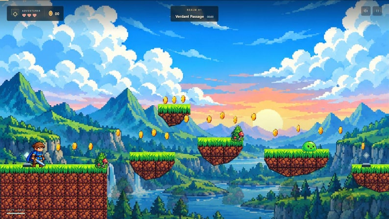 May include: A pixel art video game scene featuring a character in blue armor standing on a brown dirt platform with green grass. Floating platforms, gold coins, a green slime creature, and a waterfall are set against a mountain landscape.