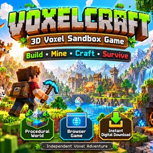 Könnte beinhalten: Ein digitales Spielcover für Voxelcraft, ein 3D-Voxel-Sandbox-Spiel. Die Szene zeigt eine blockartige Figur mit Spitzhacke, einen Wolf, ein Reh und ein Skelett in einer Landschaft mit Bergen, Fluss und Dorf. Text: Build, Mine, Craft, Survive.