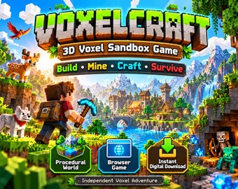 May include: A digital game cover for Voxelcraft, a 3D voxel sandbox game. The scene features a blocky character with a pickaxe, a wolf, a deer, and a skeleton in a landscape with mountains, a river, and a village. Text includes Build, Mine, Craft, Survive.