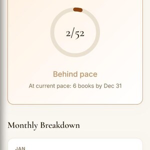 May include: A mobile app interface displaying reading goals for 2026. The screen shows an annual challenge with a progress indicator of 2/52, labeled "Behind pace." Monthly breakdowns for January and February are also visible.