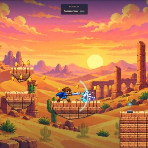 May include: A pixel art video game scene set in a desert landscape with ancient stone ruins, cacti, and floating platforms. A character in a blue tunic swings a sword at a white creature. The interface displays hearts, coins, and the text Sunken Sun.