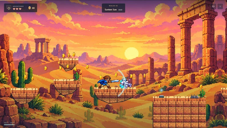 May include: A pixel art video game scene set in a desert landscape with ancient stone ruins, cacti, and floating platforms. A character in a blue tunic swings a sword at a white creature. The interface displays hearts, coins, and the text Sunken Sun.