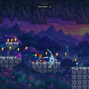 May include: A pixel art video game scene featuring a character in a blue cloak wielding a sword against a white creature on a stone platform. The background displays purple mushrooms, mountains, and a sunset. Text reads Realm 02 Echoes Below.
