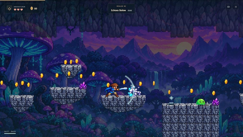 May include: A pixel art video game scene featuring a character in a blue cloak wielding a sword against a white creature on a stone platform. The background displays purple mushrooms, mountains, and a sunset. Text reads Realm 02 Echoes Below.