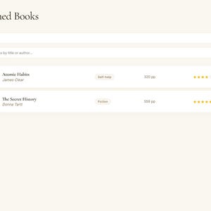 May include: Screenshot of a digital bookshelf interface, displaying a list of finished books. The interface features book titles, author names, and genre tags. The books are displayed with their covers and star ratings.