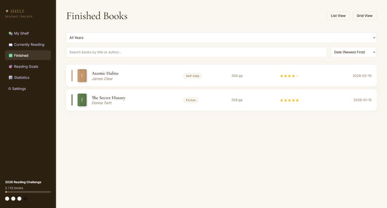 May include: Screenshot of a digital bookshelf interface, displaying a list of finished books. The interface features book titles, author names, and genre tags. The books are displayed with their covers and star ratings.