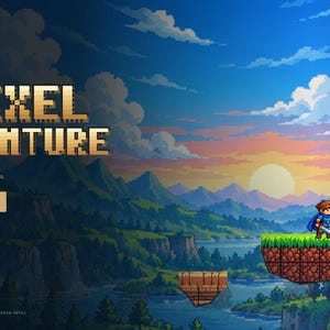 May include: A pixel art video game interface titled Pixel Adventure featuring a character with a blue cape and sword standing on a grassy floating island. The background displays a sunset over mountains, a river, and text options including Continue Journey.