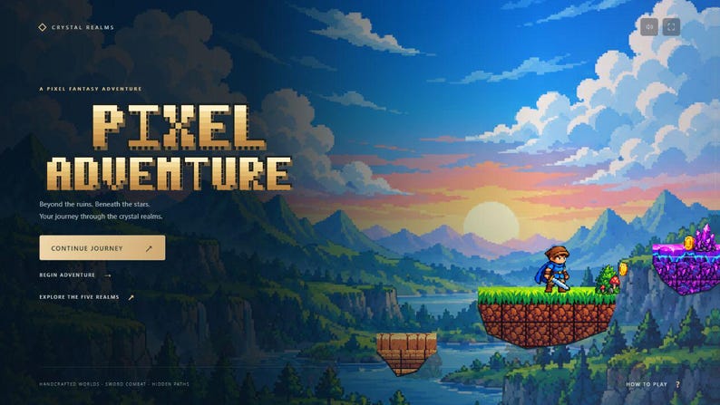 May include: A pixel art video game interface titled Pixel Adventure featuring a character with a blue cape and sword standing on a grassy floating island. The background displays a sunset over mountains, a river, and text options including Continue Journey.