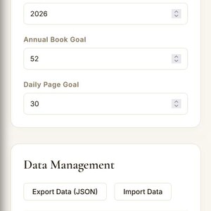 May include: Screenshot of a mobile app's settings screen. The screen displays options for a reading challenge, including target year, annual book goal, and daily page goal. Data management options are also visible.