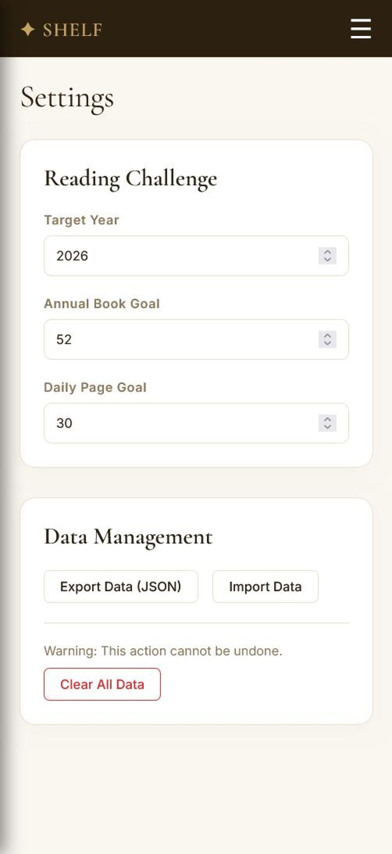 May include: Screenshot of a mobile app's settings screen. The screen displays options for a reading challenge, including target year, annual book goal, and daily page goal. Data management options are also visible.