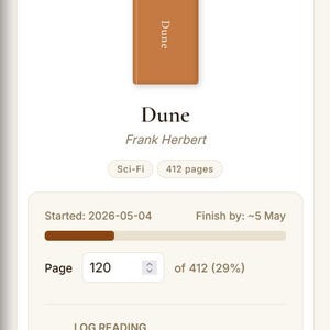 May include: Screenshot of a mobile app displaying a book reading progress. The book cover is titled "Dune" by Frank Herbert. The app shows the current page, 120 of 412, and reading progress. Buttons include "Mark as Finished" and "Edit Details."