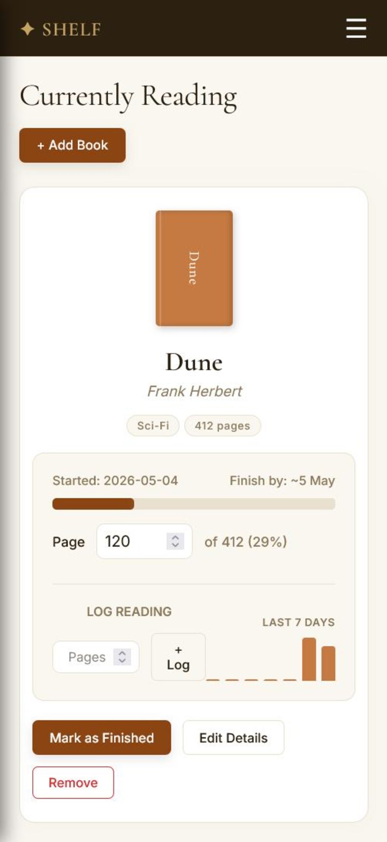 May include: Screenshot of a mobile app displaying a book reading progress. The book cover is titled "Dune" by Frank Herbert. The app shows the current page, 120 of 412, and reading progress. Buttons include "Mark as Finished" and "Edit Details."