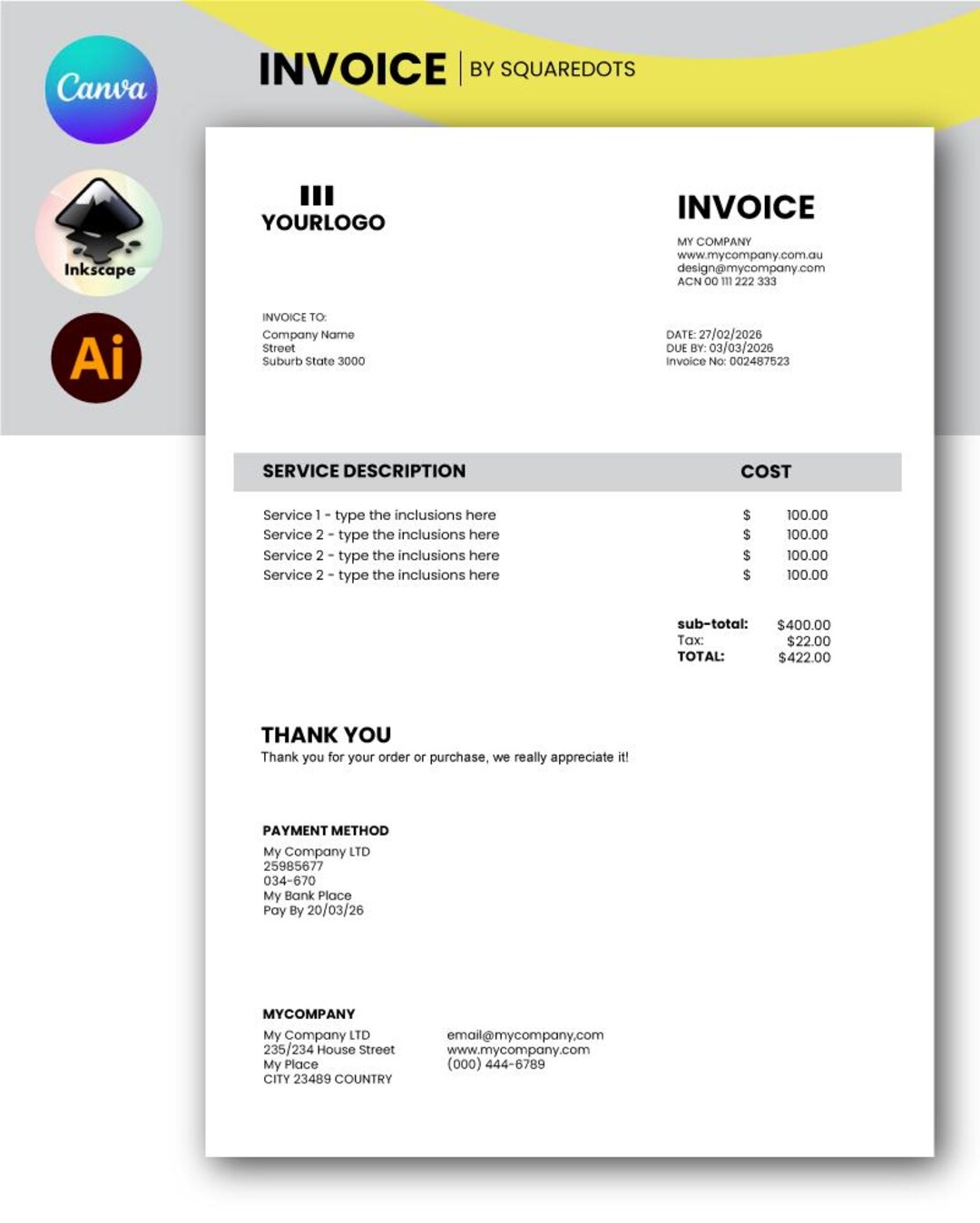 Editable Invoice Template for Small Business | Minimalist Professional ...