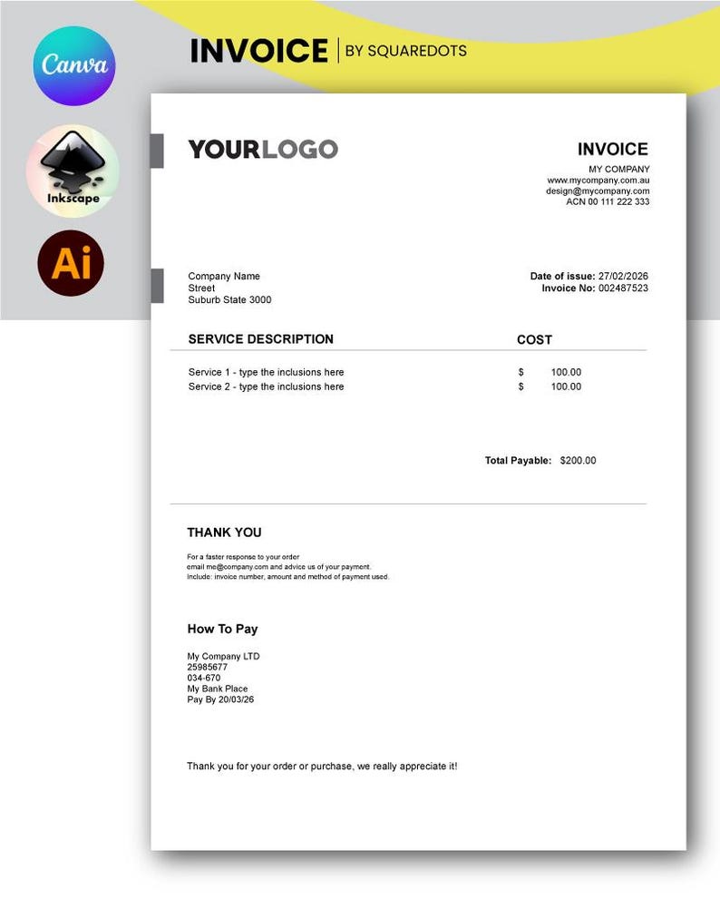 Editable Invoice Template for Small Business | Minimalist Traditional ...