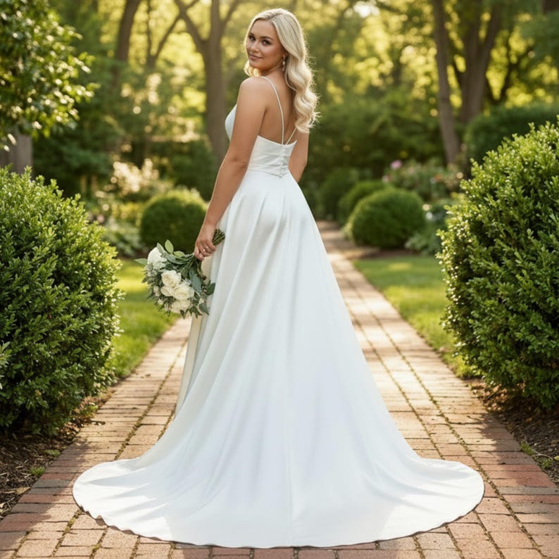 May include: A white bridal gown with a flowing skirt and thin straps. The bride holds a bouquet of white flowers. The dress has a long train and is worn outdoors on a brick pathway.