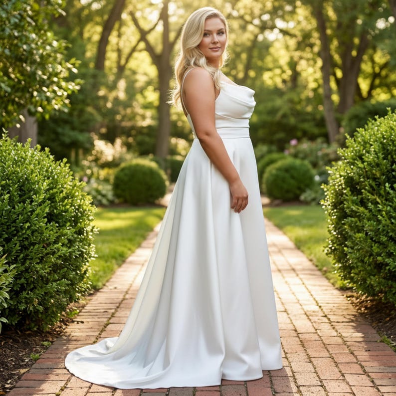 May include: A white bridal gown featuring a cowl neckline and delicate spaghetti straps. The dress has a fitted bodice and a flowing A-line skirt with a train. The image is set outdoors on a brick path, framed by green foliage and trees.
