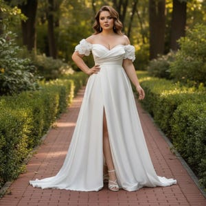 May include: A white off-the-shoulder wedding dress with a thigh-high split. The dress has floral accents on the sleeves and a flowing skirt. The bride is standing on a brick pathway surrounded by greenery.