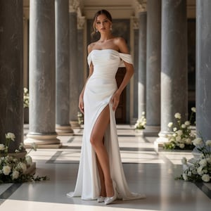 May include: A white off-the-shoulder gown with a high slit. The dress features a fitted bodice and a flowing skirt. The model is wearing white heels. The background includes large columns and white flowers.
