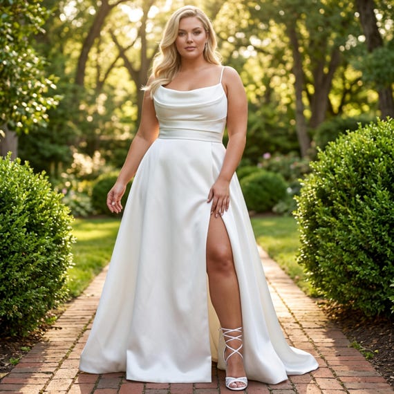 Plus Size Satin Wedding Dress, A-Line Thigh Slit, Spaghetti Strap, Elegant Bridal Gown