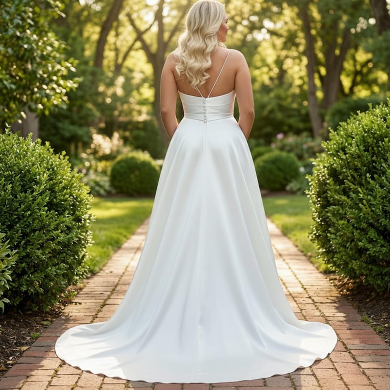 May include: A white bridal gown with a flowing skirt and a long train. The dress features a fitted bodice with spaghetti straps and a button-up back. The bride is standing on a brick pathway in a garden setting.