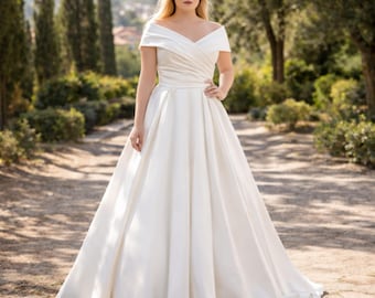 Plus Size Sparkly Boho Wedding Dress, Off Shoulder V-Neck Bridal Gown, Custom made Gift